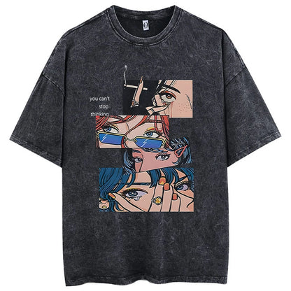 Hip Hop Men Streetwear Vintage Washed T-Shirt Anime Graphic T Shirt Men Harajuku Cotton Casual Short Sleeve Loose Vintage Tops