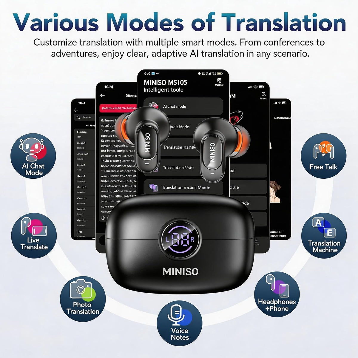 MS105 AI Translation Earbuds Real Time, 165 Language Translator Earbuds, Audifonos Traductores Inglés Español, Bluetooth 6.0 Translator Headphones for Business Travel Language Learning