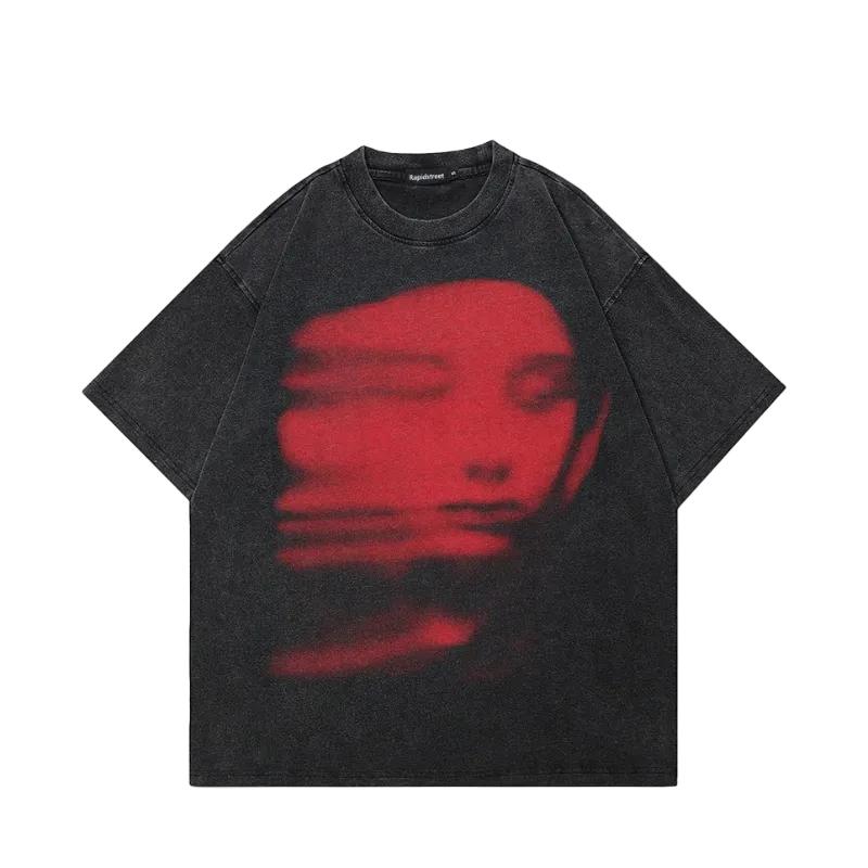 Vintage Oversized T Shirt Streetwear Red Face Shadow Graphic Retro Tshirt Hip Hop Cotton Harajuku T-Shirt Washed Black Y2K