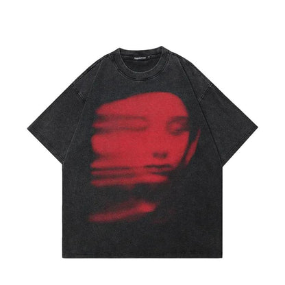 Vintage Oversized T Shirt Streetwear Red Face Shadow Graphic Retro Tshirt Hip Hop Cotton Harajuku T-Shirt Washed Black Y2K