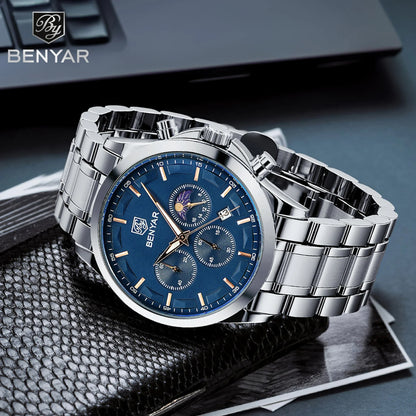 BENYAR Men'S Luxury Business Watch Tough Stainless Steel Men'S Watch Sports Waterproof Watch Workplace Men'S Gift Wrist Watch
