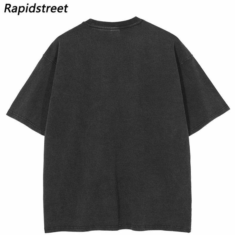 Vintage Oversized T Shirt Streetwear Red Face Shadow Graphic Retro Tshirt Hip Hop Cotton Harajuku T-Shirt Washed Black Y2K