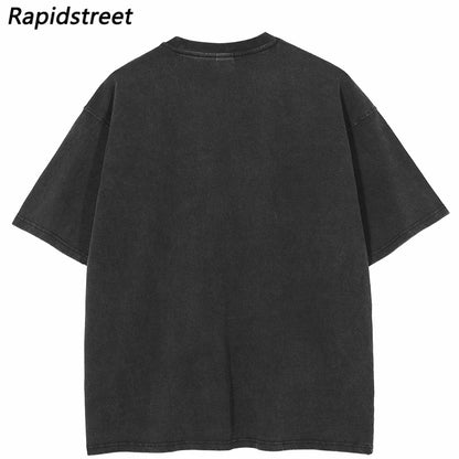 Vintage Oversized T Shirt Streetwear Red Face Shadow Graphic Retro Tshirt Hip Hop Cotton Harajuku T-Shirt Washed Black Y2K