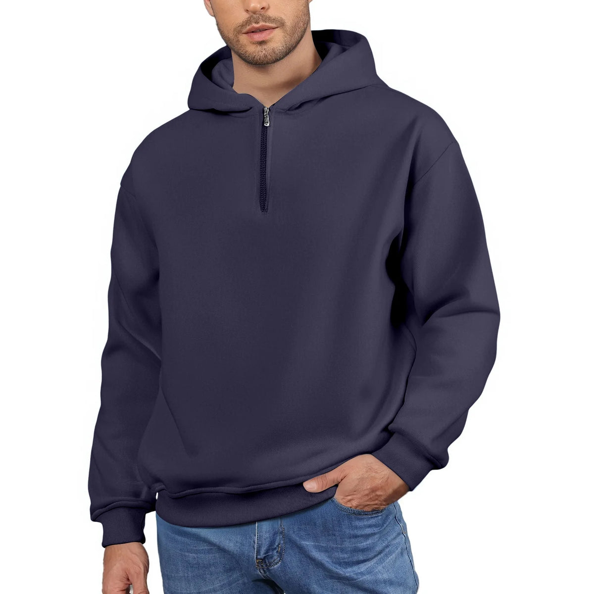 Men'S Quarter Zip Hoodies Zip up Solid Color Hoodie Long Sleeve Drop Shoulder Sweatshirt Casual Pullover Navy 2XL