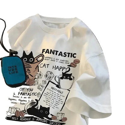 New Men Women T Shirt Pullover Oversize Korean Version Cartoon Cat Group Printed T-Shirt Casual Short Sleeve Couples T-Shirt
