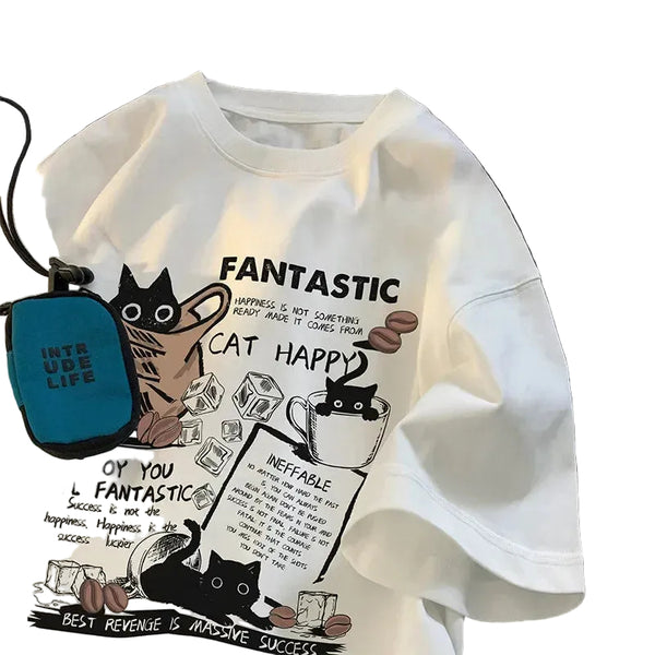 New Men Women T Shirt Pullover Oversize Korean Version Cartoon Cat Group Printed T-Shirt Casual Short Sleeve Couples T-Shirt