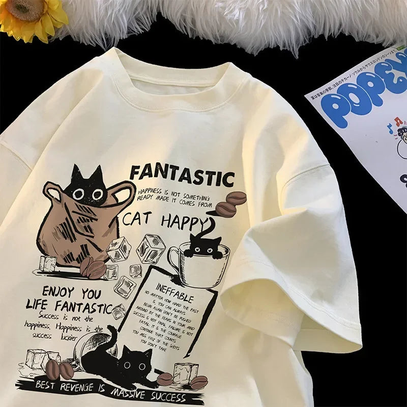 New Men Women T Shirt Pullover Oversize Korean Version Cartoon Cat Group Printed T-Shirt Casual Short Sleeve Couples T-Shirt